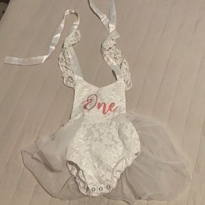 White with sign one baby girl dress/ romper